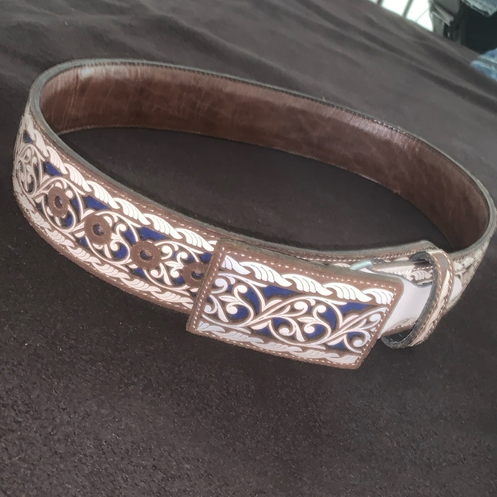 Authentic Mexican Style Belt White & Blue Fashion Design Size 32